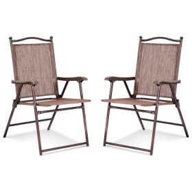 Set of 2 Patio Folding Sling Back Camping Deck Chairs (Color: Brown)