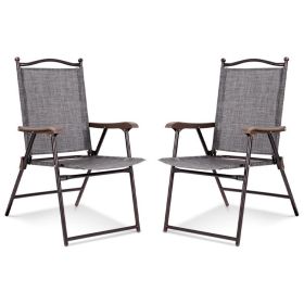 Set of 2 Patio Folding Sling Back Camping Deck Chairs (Color: Gray)